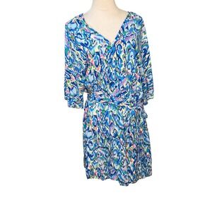 Cupshie Blue Abstract Print Rayon Tie Waist Romper XL T1D1949